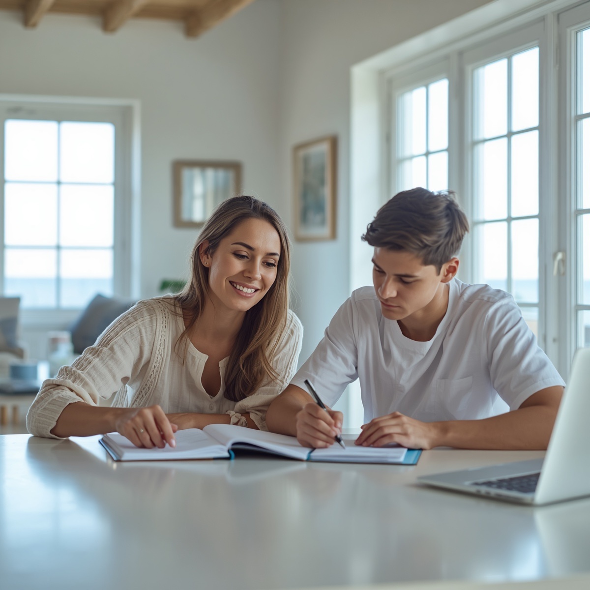 An educator working with an older student at a table in a bright home setting