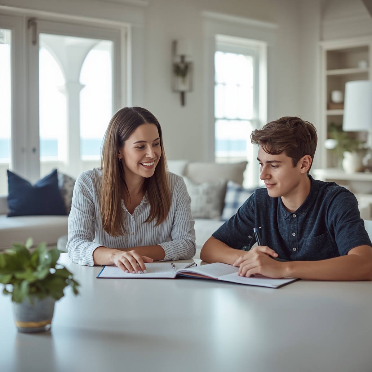 An adult and student reviewing workbook pages together at home